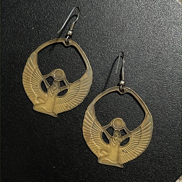 Vintage Art Deco Gold Brass Egyptian Goddess Eye Of Isis Deity Earrings - Picture 10 of 13